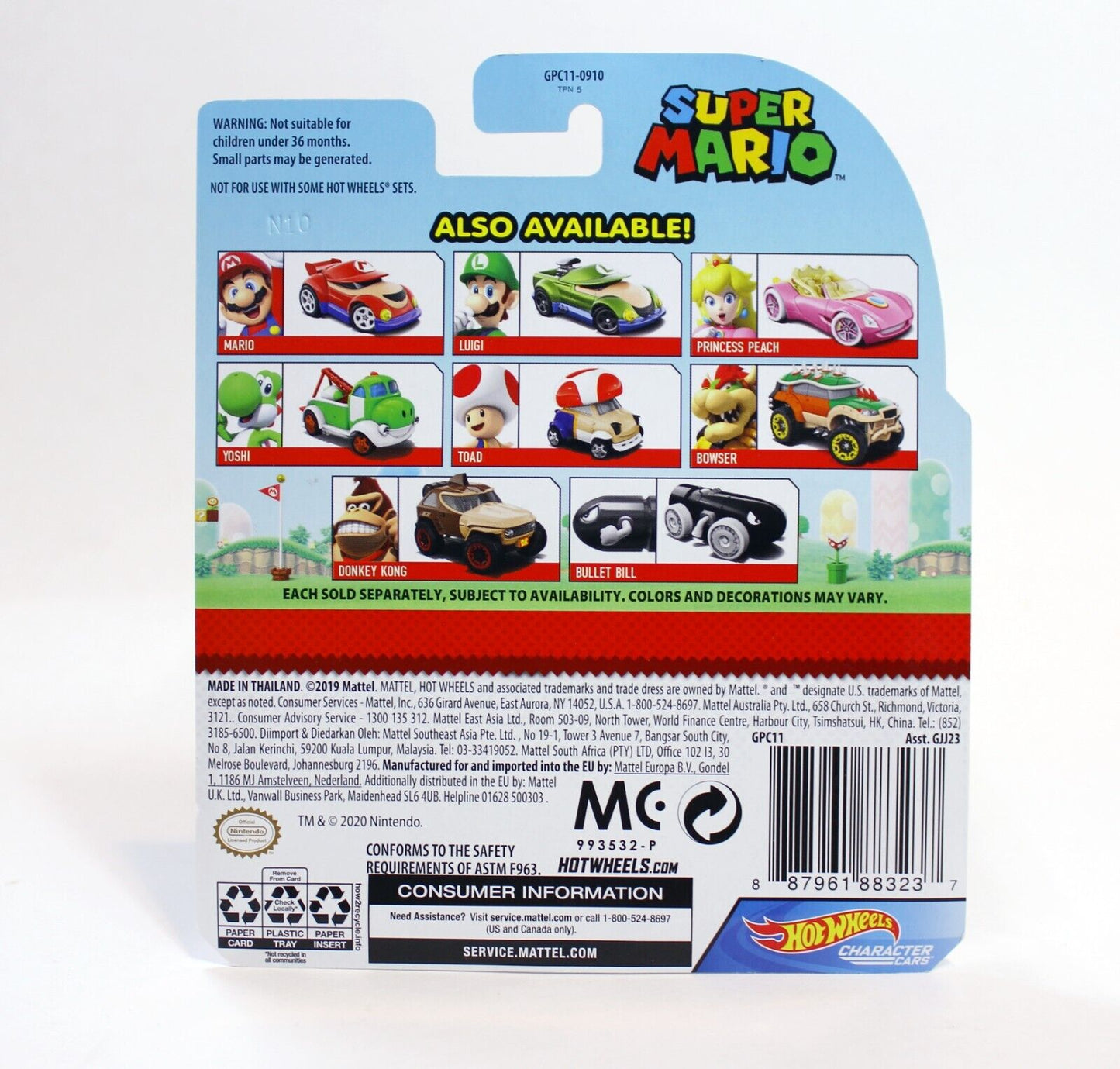 Hot Wheels Super Mario Donkey Kong, Luigi, Mario, Peach Character Cars